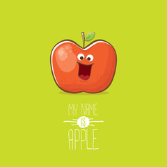vector funny cartoon cute red apple character isolated on green background. My name is apple vector concept. super funky fruit food character