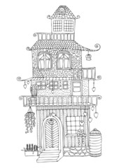 Fairytale house with a lot of terraces and hearts. Hand drawn picture. Sketch for anti-stress coloring page in zen-tangle style. Vector illustration.