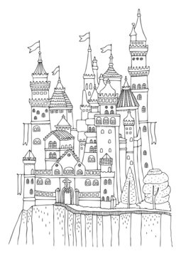 An old castle with many towers and flags. Hand drawn picture. Sketch for anti-stress adult coloring book in zen-tangle style. Vector illustration for coloring page, isolated on white background.
