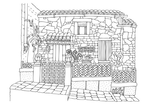 Hand drawn house. The fairytale fish market with the signboard on the  seashore. Sketch for anti-stress adult coloring book in zen-tangle style.  Vector illustration for coloring page. Stock Vector