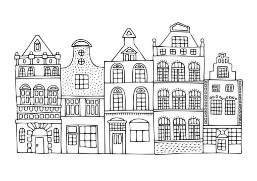 A hand drawn history street from a Dutch city. Sketch for anti-stress adult coloring book in zen-tangle style. Vector illustration for coloring page. 