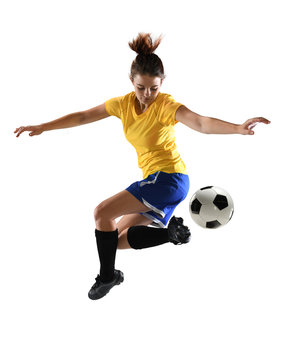 Fototapeta Female Soccer Player Kicking Ball