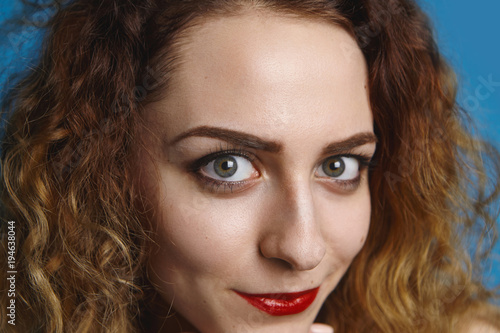 Close Up Detailed Portrait Of Happy Cheerful Young European Woman