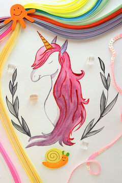 unicorn and rainbow. drawing. children's postcard