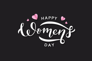 Vector realistic isolated lettering for Women's Day with pink origami hearts for decoration and covering. Concept of Happy Women's Day.