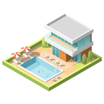 Outdoor Pool for swiming near hotel Isometric Vector illustration