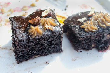 piece of chocolate cake on a white plate