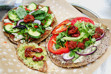 Fresh vegetables on pita. Vegetarian vegan pizza