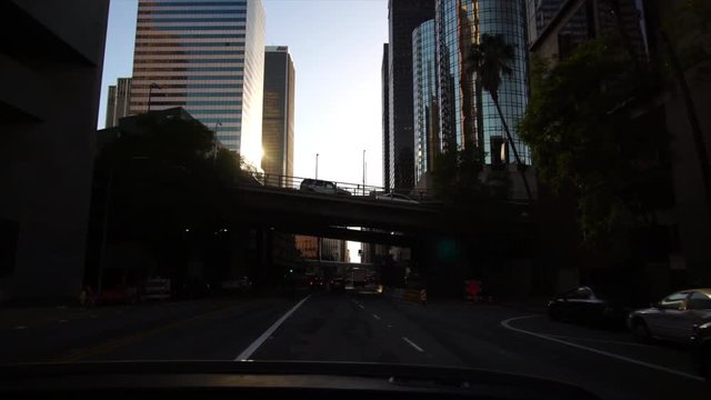 Drone low angle aerial shot of skyscrapers in downtown Los Angeles LA 