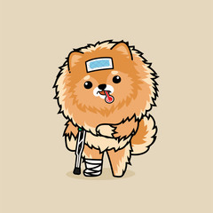 Cute cartoon character design Pomeranian dog get sick and broken leg. use cooling fever patch on forehead