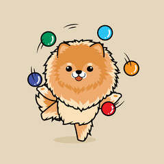 Cute cartoon character design Pomeranian dog ,playing with balls like a juggler