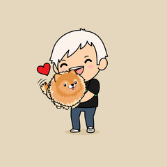 Cute cartoon character design Pomeranian dog with a man , love and Hug