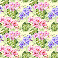 Colorful orchid flowers with outlines and large green monstera leaves on light green background. Seamless pattern. Watercolor painting. Hand drawn