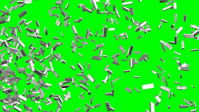 Animated a lot of shinning fine bars of silver flying or exploding from left to right against green background.