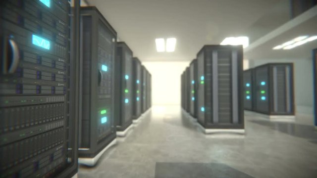 3d animation of servers room walkthrough, seamless loop 4K 60fps footage