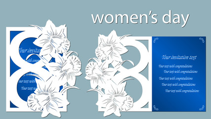 Decoration for women's day - 8 March. Narcissus. Template for laser cutting. Paper cut and printing. Vector illustration.