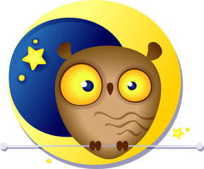 Obraz premium Multi-colored illustration of a cute funny owl on the background of the moon