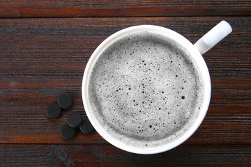 Coal latte. Black cappuccino. Black coffee with activated carbon.