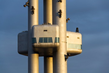 Zizkov television tower transmitter detail during sunset in Prague, Czech Republic