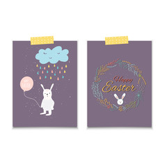 Easter banner background, template with cute banny, rabbit and text, hand drawn illustration.