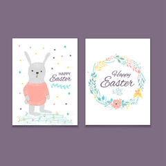 Fototapeta na wymiar Easter banner background, template with cute banny, rabbit and text, hand drawn illustration.