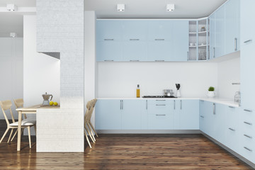 Blue kitchen, white furniture