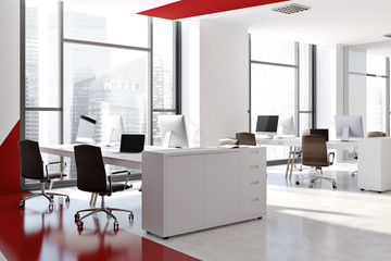 Red and white modern office, side view