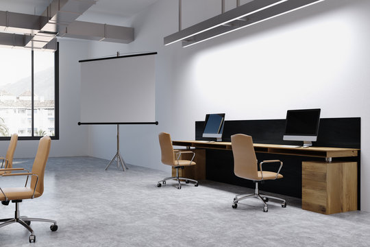 White office interior, screen for presentations