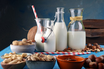 Alternative types of milks. Vegan substitute dairy milk with nuts