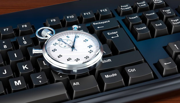 Stopwatch on computer keyboard concept, 3D rendering