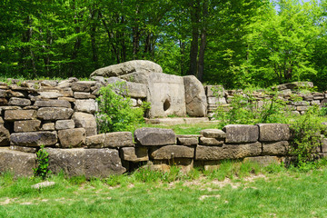 Ancient dolmen with carved ornaments in the valley of the river Jean