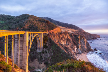 Bixby Creek Bridge on Highway 1 at the US West Coast traveling south to Los Angeles, Big Sur Area,...