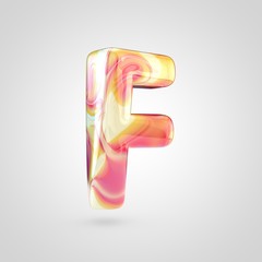 Glossy holographic letter F uppercase isolated on white background