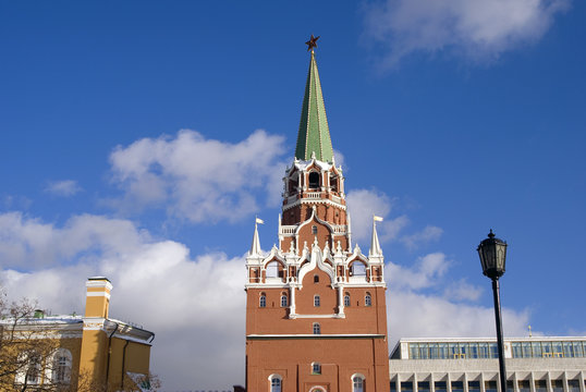 Trinity tower of Moscow Kremlin. Color winter photo.