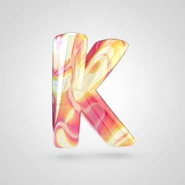 Glossy holographic letter K uppercase isolated on white background