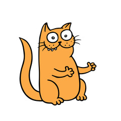 Cartoon orange cat with two paws approves. Vector illustration.