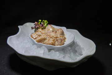  Kiev, Ukraine - February 26, 2018: Tar-tar of salmon on ice.