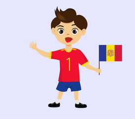 Fototapeta premium Fan of Andorra national football, hockey, basketball team, sports. Boy with Andorra flag in the colors of the national command with sports paraphernalia. Boy with Andorra flag in the form of a sport.