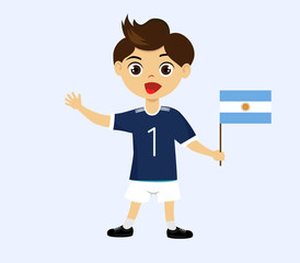 Fan of Argentina national football, hockey, basketball team, sports. Boy with Argentina flag of the national command with sports paraphernalia. Boy with Argentina flag in the form of a sport.