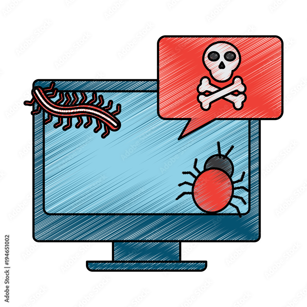 Poster monitor computer worm bug virus alert vector illustration drawing design