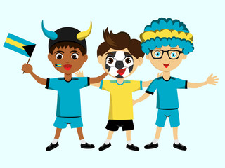 Fan of Bahamas national football, hockey, basketball team, sports. Boy with Bahamas flag in the colors of the national command with sports paraphernalia. Boy with Bahamas flag in the form of a sport.