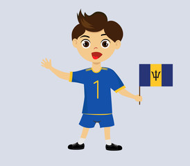 Fan of Barbados national football, hockey, basketball team, sports. Boy with Barbados flag in the colors of the national command with sport paraphernalia. Boy with Barbados flag in the form of a sport