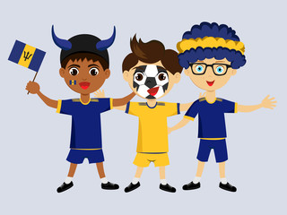 Fan of Barbados national football, hockey, basketball team, sports. Boy with Barbados flag in the colors of the national command with sport paraphernalia. Boy with Barbados flag in the form of a sport