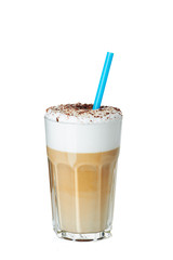Glass of coffee latte with drinking straw on white