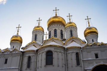 Fototapeta na wymiar Annunciation church of Moscow Kremlin. Color winter photo.