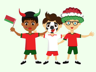 Fan of Belarus national football, hockey, basketball team, sports. Boy with Belarus flag in the colors of the national command with sports paraphernalia. Boy with Belarus flag in the form of a sport.