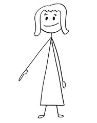 Cartoon stick man drawing conceptual illustration of businesswoman or woman pointing right and down or under her.