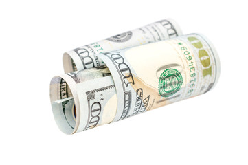 Rolled up dollar bill on white background. Business concept.