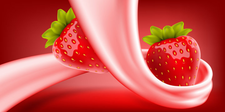 Strawberry In Cream Or Yogurt Swirl. Vector Illustration For Milk Products And Beverage Design High Quality Art.