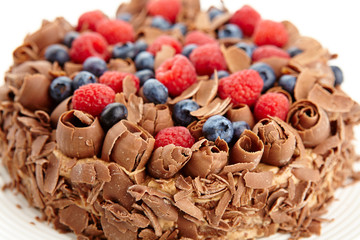 Close up view on the chocolate cake with wild berries and chocolate shavings and chips